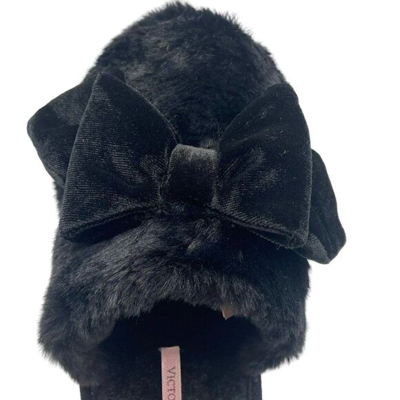 VICTORIAS SECRET PLUSH BOW SLIPPERS BLACK Small - Picture 7 of 9